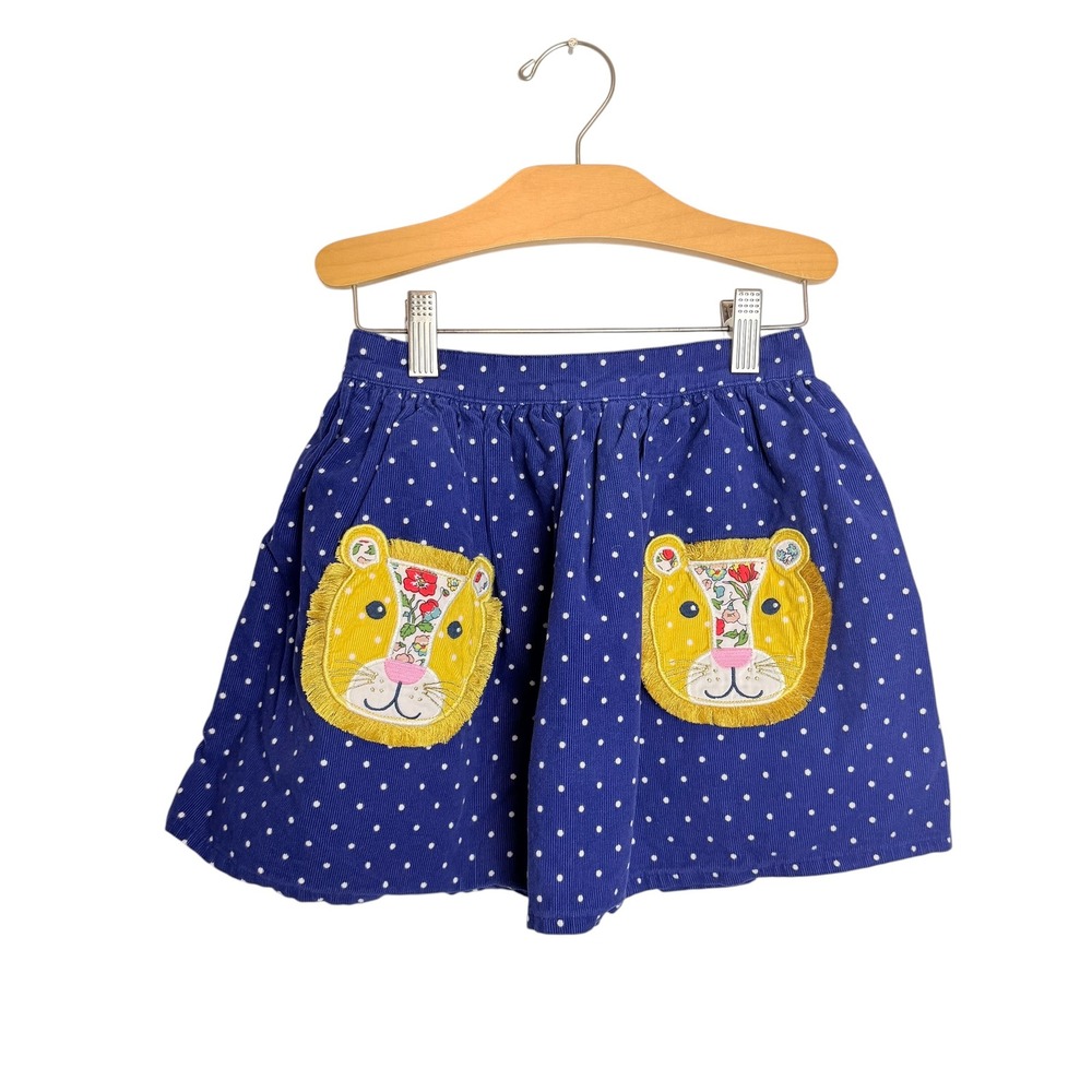 Mini Boden Girls Blue Polka Dot Corduroy Lion Applique Skirt Size 6-7Y